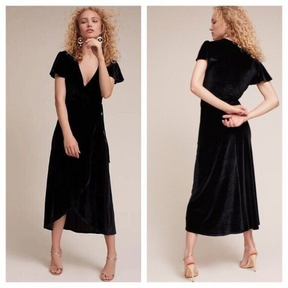BHLDN BHLDN Thrive Velvet Wrap Dress (S) Black Flutter Sleeve